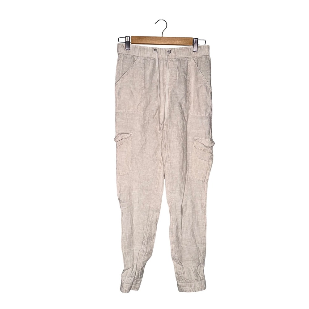 Nicole Miller Joggers Womens Small Beige Excellent 100% Linen Cargo Pants